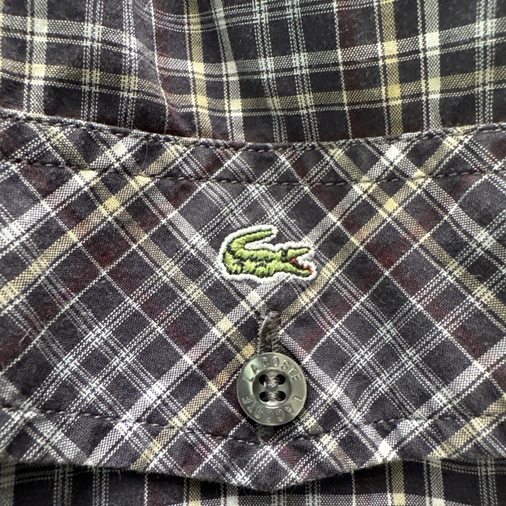 Lacoste 42 Mens Plaid Button Up Shirt L/S Flannel‎ Cotton Casual Brown Grey Top - Picture 4 of 7